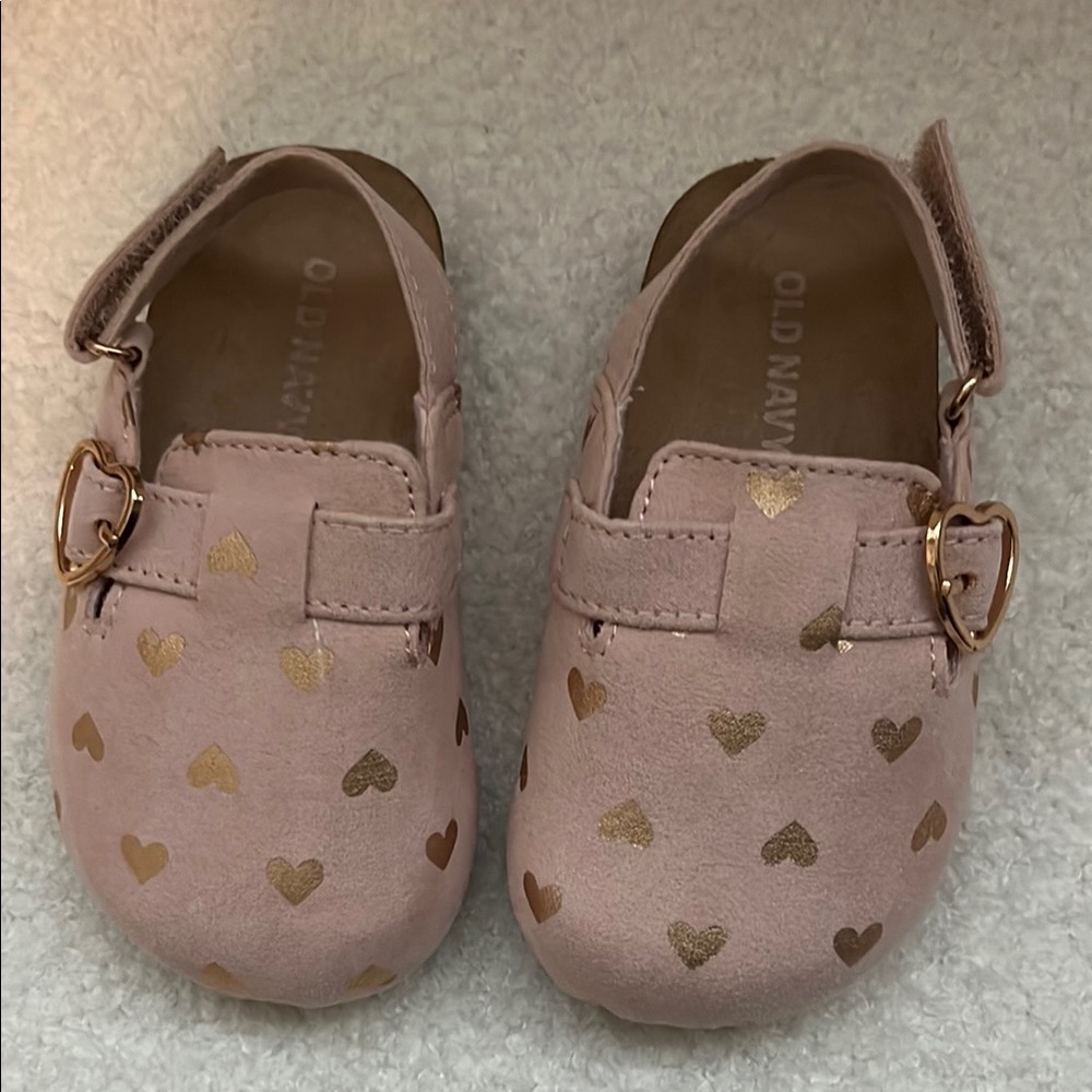 Old Navy Pink and Gold Moccasins with Heart Pattern